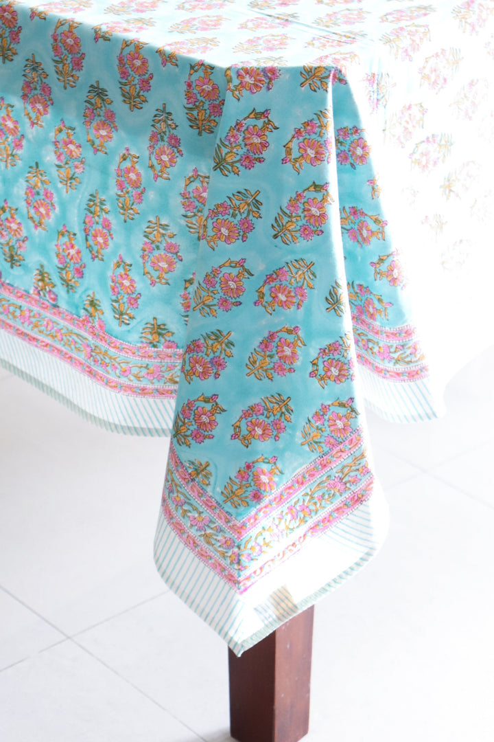 Turquoise floral tablecloth - 8 seater block print table cloth - 60x120 inches - Gulshan