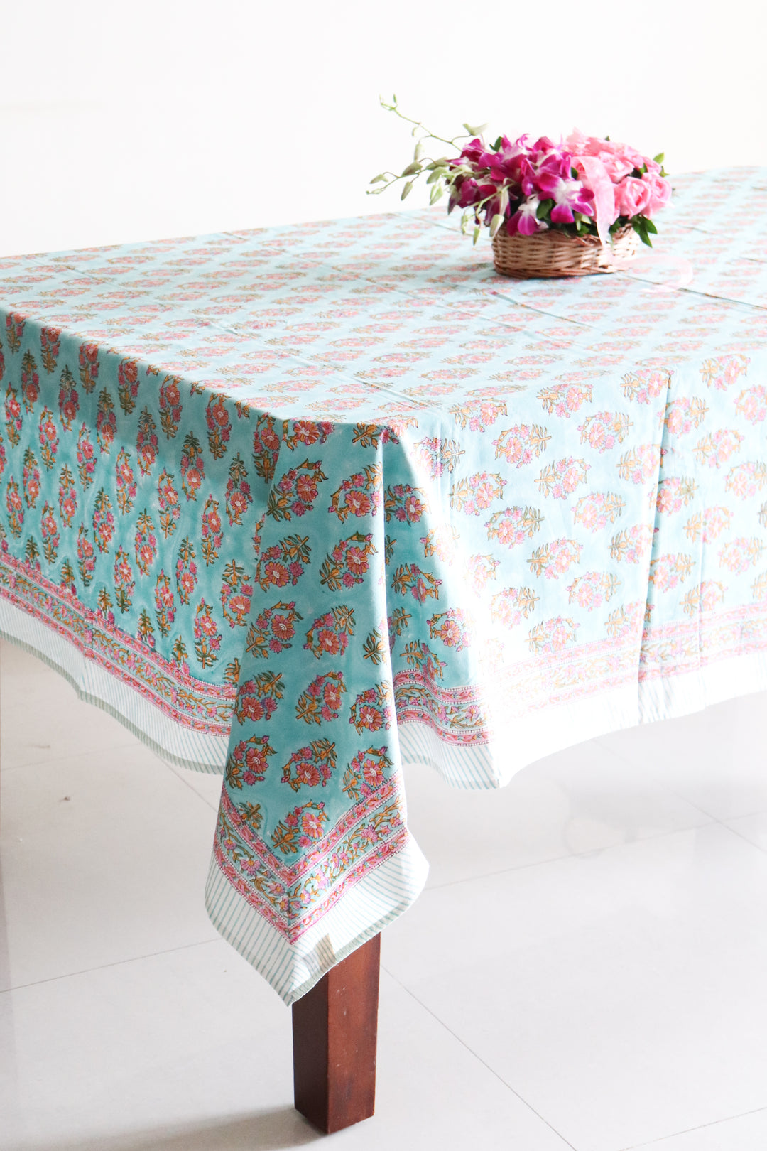 Turquoise floral tablecloth - 6 seater block print table cloth - 60x90 inches - Gulshan