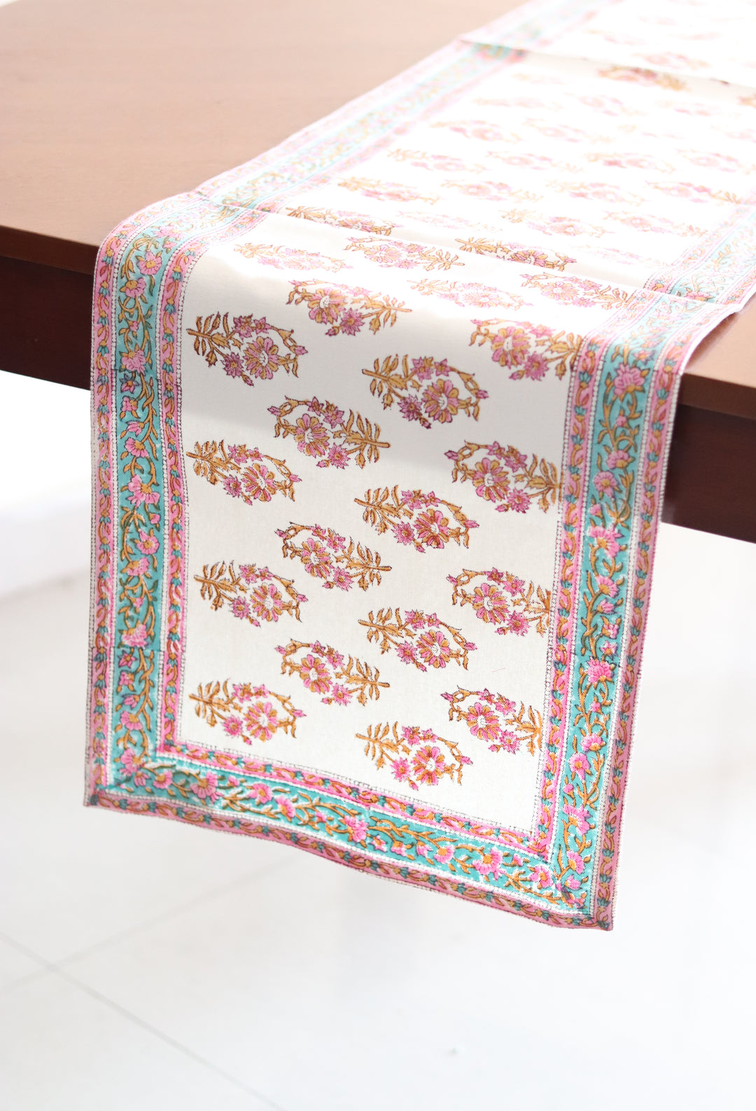 Pink floral runner - block print table runner - Pink and turquoise table runner - 14x80 inches