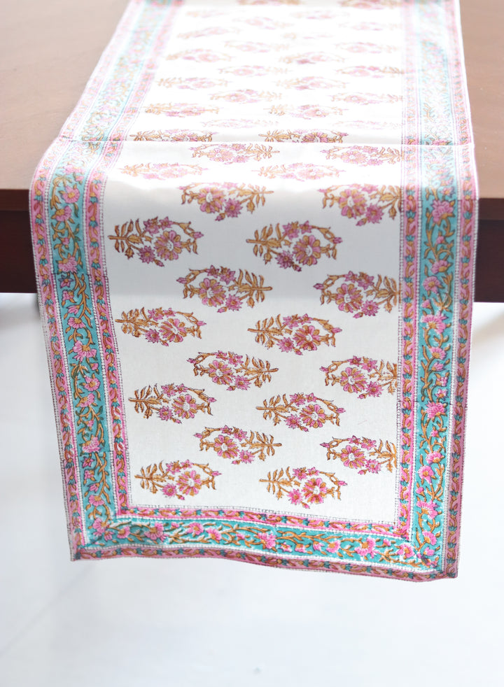 Pink floral runner - block print table runner - Pink and turquoise table runner - 14x80 inches