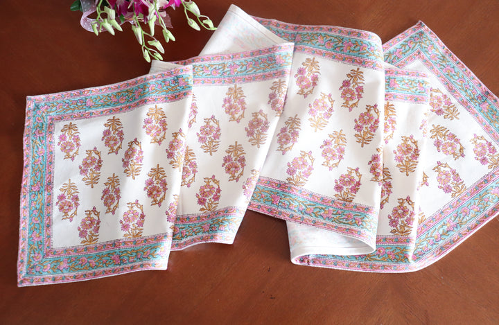 Pink floral runner - block print table runner - Pink and turquoise table runner - 14x80 inches