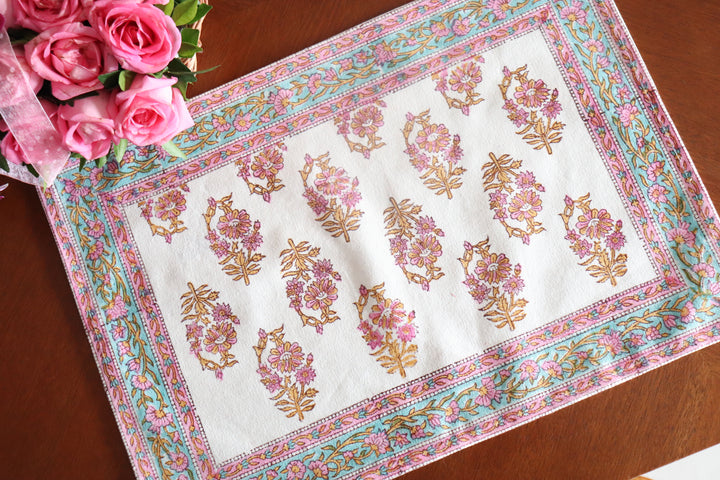 Pink floral placemats - Block print placemats - Table mats set of 6 - 13x19 inches