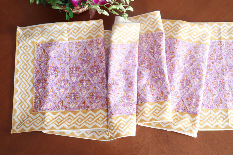 Lilac floral runner - block print table runner - Lilac and yellow table runner - 14x80 inches