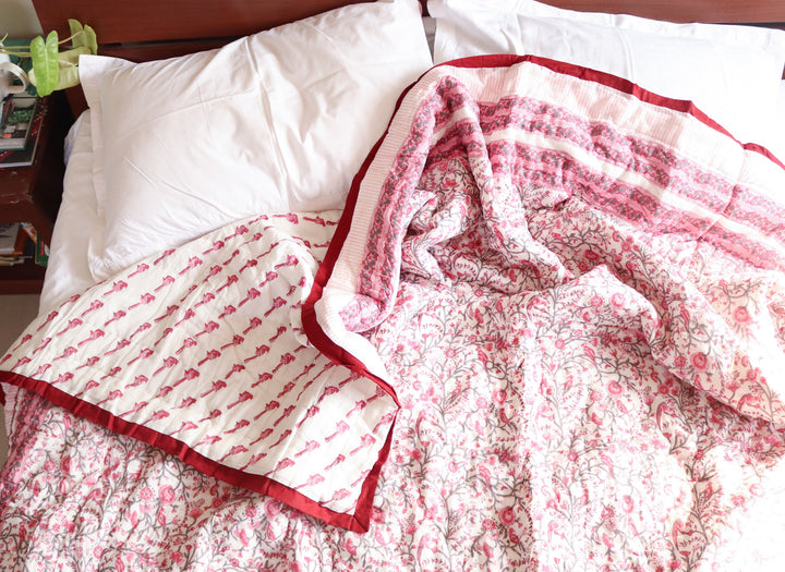 Bird Block print quilt- Pink, grey and red 