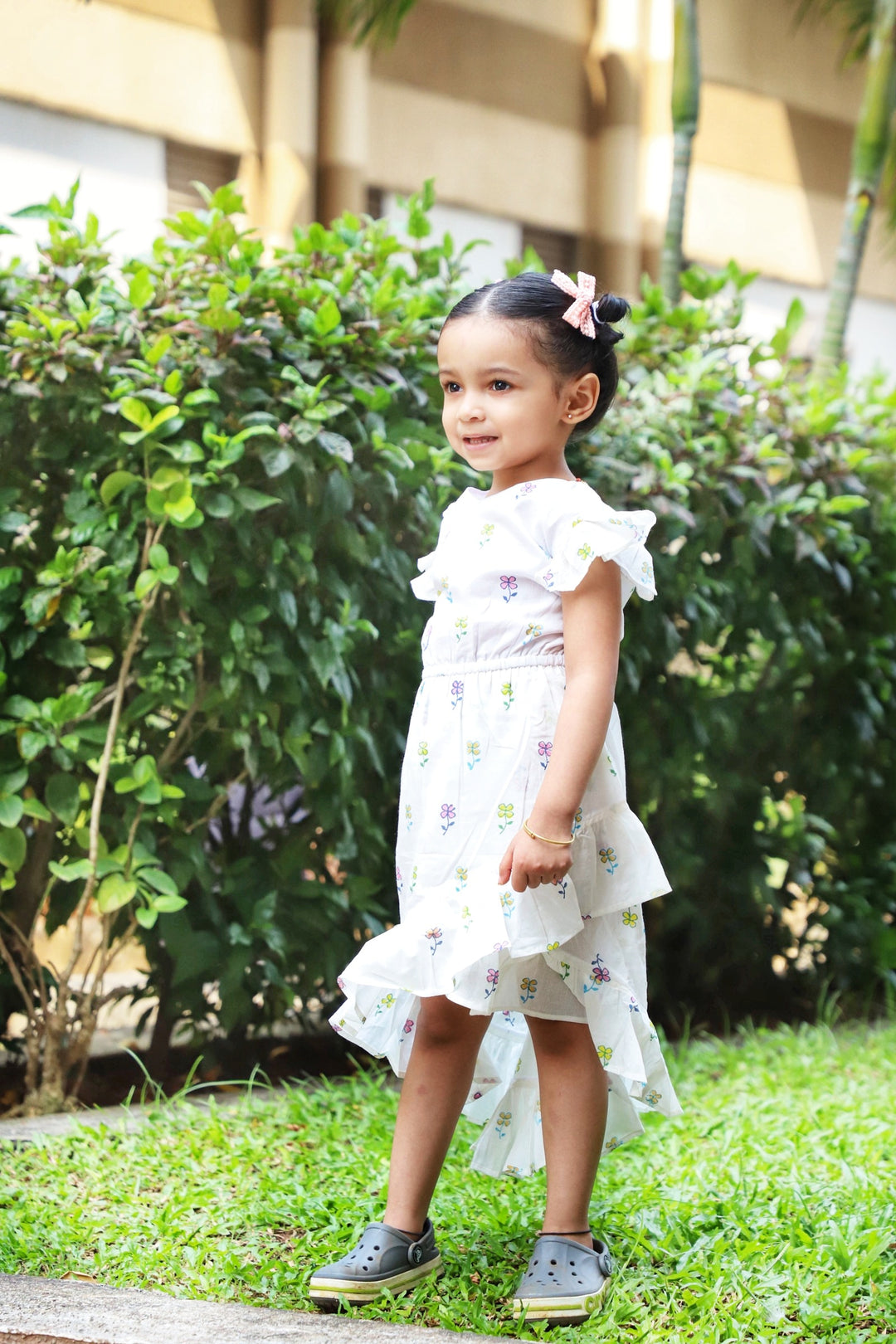 Long Ruffle Cotton Dress - Handblock White Floral print