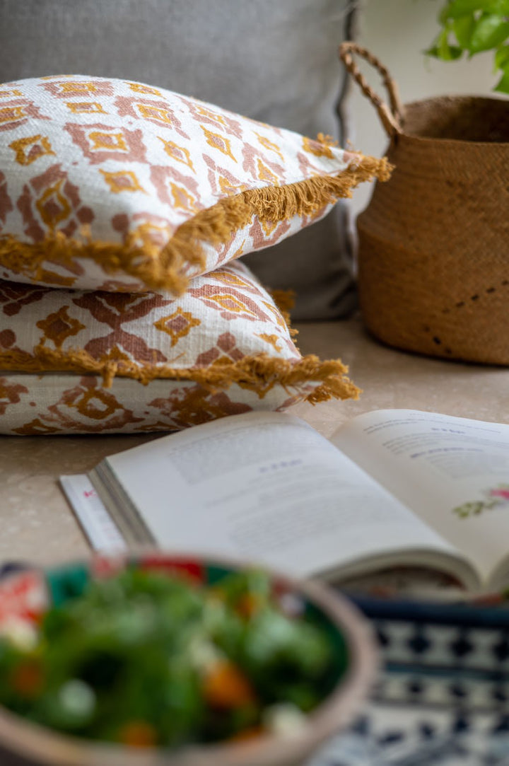 Block print cushion covers with fringe - Handloom cotton printed cushion covers